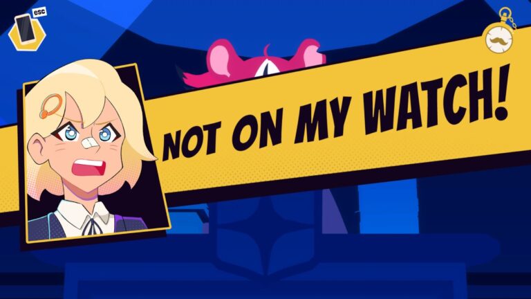 Eine blonde Figur aus HoloTrials: Case Covered ruft während eines Gerichtsduells „Not on my watch!“ vor einer auffälligen gelb-blauen Comicgrafik.