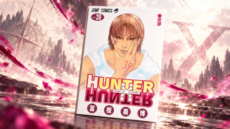 Das Cover von Hunter × Hunter Band 39 mit Hisoka ist vor einen weiten, surrealen 16:9-Hintergrund mit traumhafter Fantasy-Stimmung montiert.