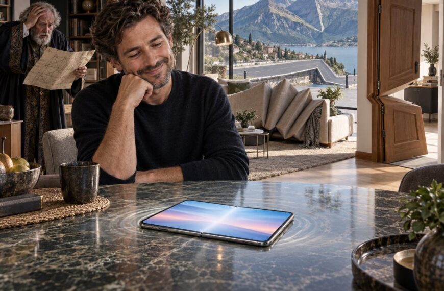 Ein Mann betrachtet zufrieden ein aufgeklapptes faltbares Smartphone auf einem Tisch, während sich hinter ihm ein Sofa wie eine Ziehharmonika faltet, eine Tür in der Mitte knickt und eine Straße vor einer Berglandschaft einen unnatürlich scharfen Winkel bildet. Im Hintergrund betrachtet ein alter Gelehrter erschrocken eine Zeichnung.
