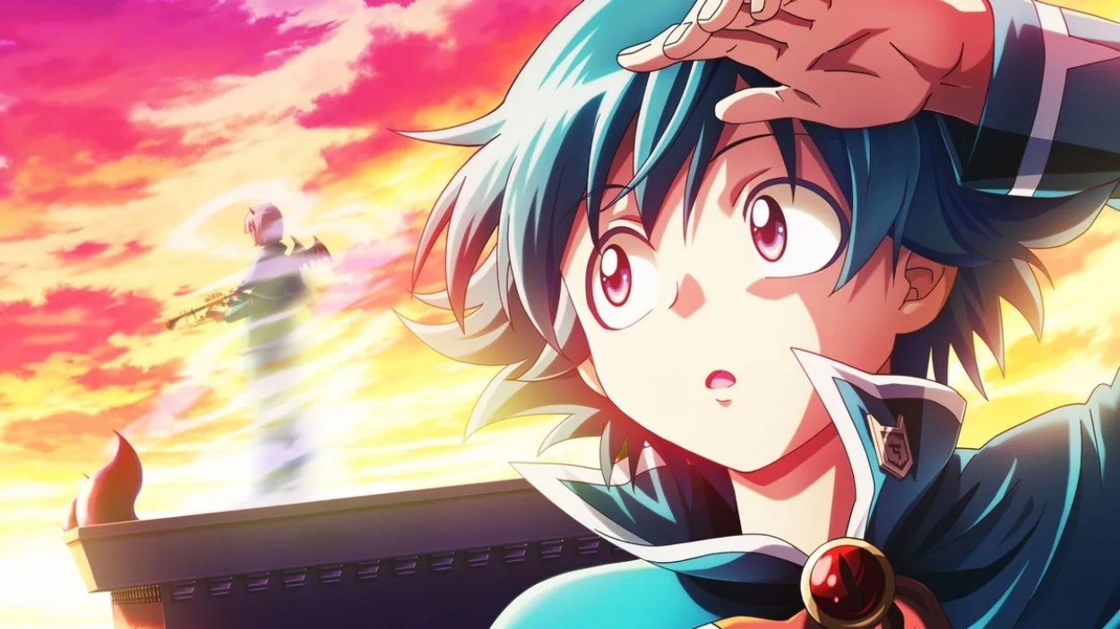 Iruma Suzuki aus Welcome to Demon School! Iruma-kun blickt vor einem leuchtenden orange-pinken Abendhimmel nach vorn, während im Hintergrund eine weitere Figur über der Dämonenschule schwebt.