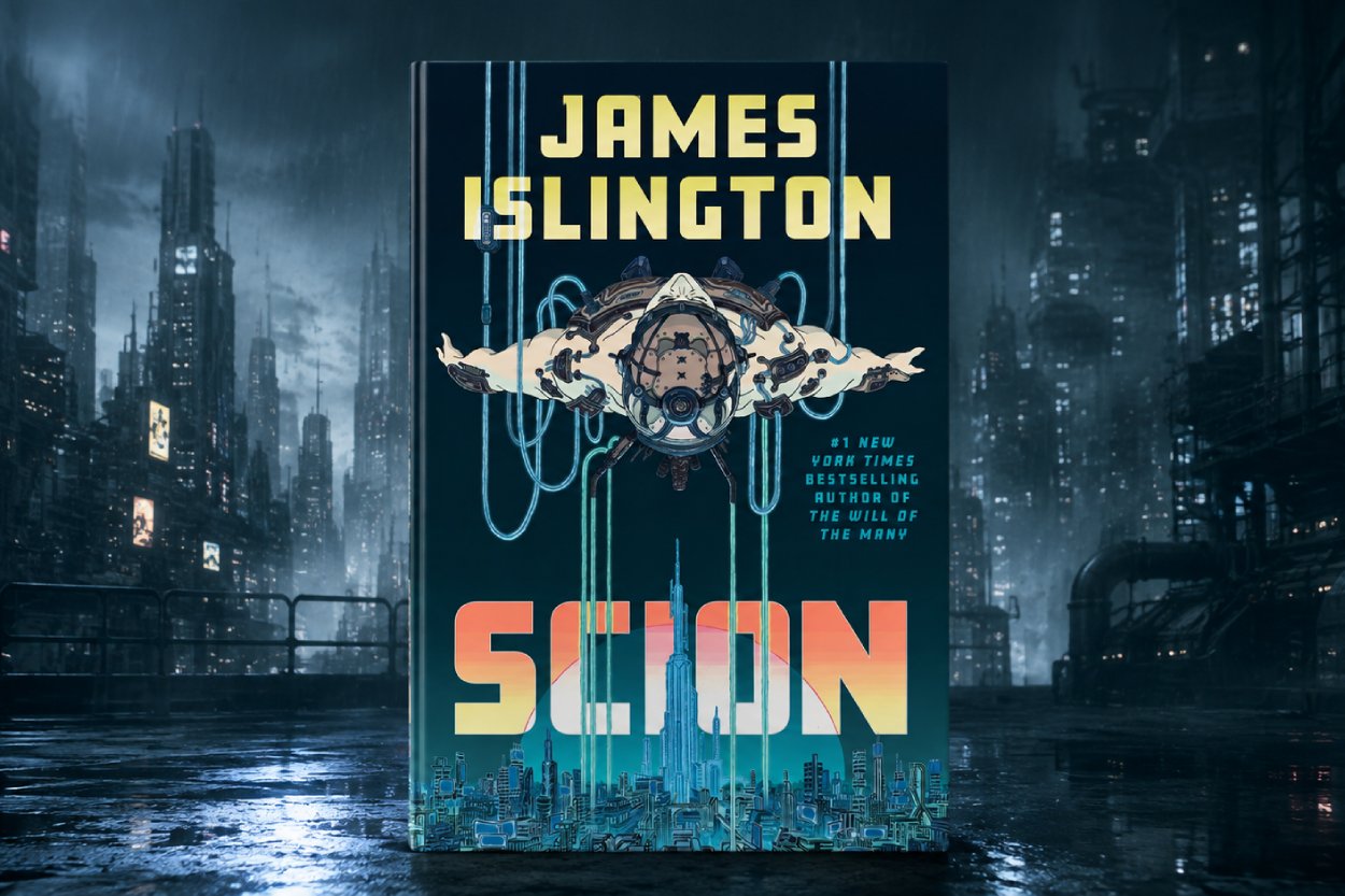 Das Cover von James Islingtons Science-Fiction-Roman Scion steht vor einer düsteren futuristischen Großstadt mit hohen Türmen, Industrieanlagen, Nebel und nassen Straßen.