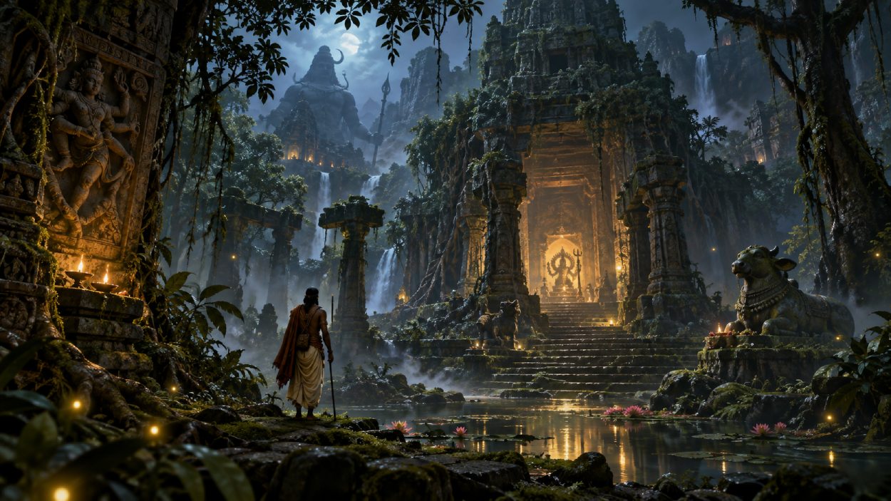 Mystischer Tempel im nächtlichen Dschungel als stimmungsvolles Symbolbild für Jithin Laals neues Folklore-Fantasy-Filmprojekt.
