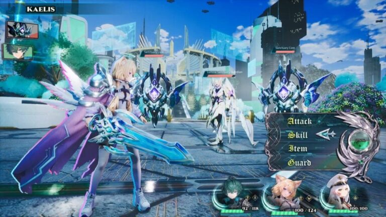 Eine Figur mit großer blau leuchtender Waffe steht in einer futuristischen Stadt mehreren Science-Fantasy-Gegnern gegenüber; eingeblendete Menüs zeigen rundenbasierte Kampfoptionen wie Attack, Skill, Item und Guard.