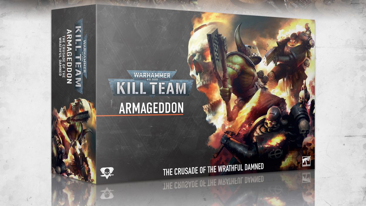 Die Box von Kill Team: Armageddon zeigt die Legion of the Damned in schwarzer Rüstung mit Flammenmotiven im Kampf gegen schwer bewaffnete Orks.