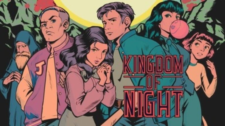 Illustriertes Gruppenmotiv aus Kingdom of Night mit mehreren jungen Figuren vor Bergen und einer großen gelben Sonne; in der Mitte steht der rote Schriftzug des Spiels.
