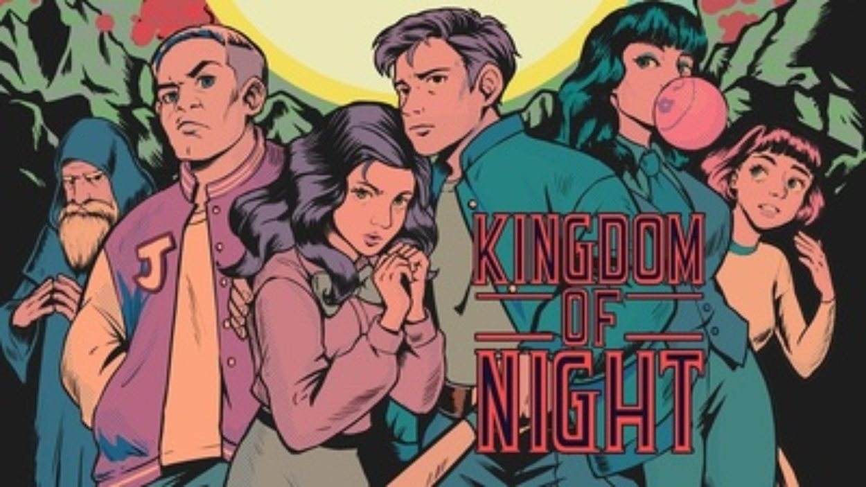 Illustriertes Gruppenmotiv aus Kingdom of Night mit mehreren jungen Figuren vor Bergen und einer großen gelben Sonne; in der Mitte steht der rote Schriftzug des Spiels.