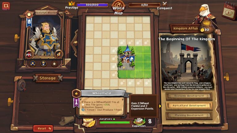Gameplay aus Kingdoms Assemble mit Weltkarte, Königreichsaufbau und Auswahl verschiedener Entwicklungsoptionen.