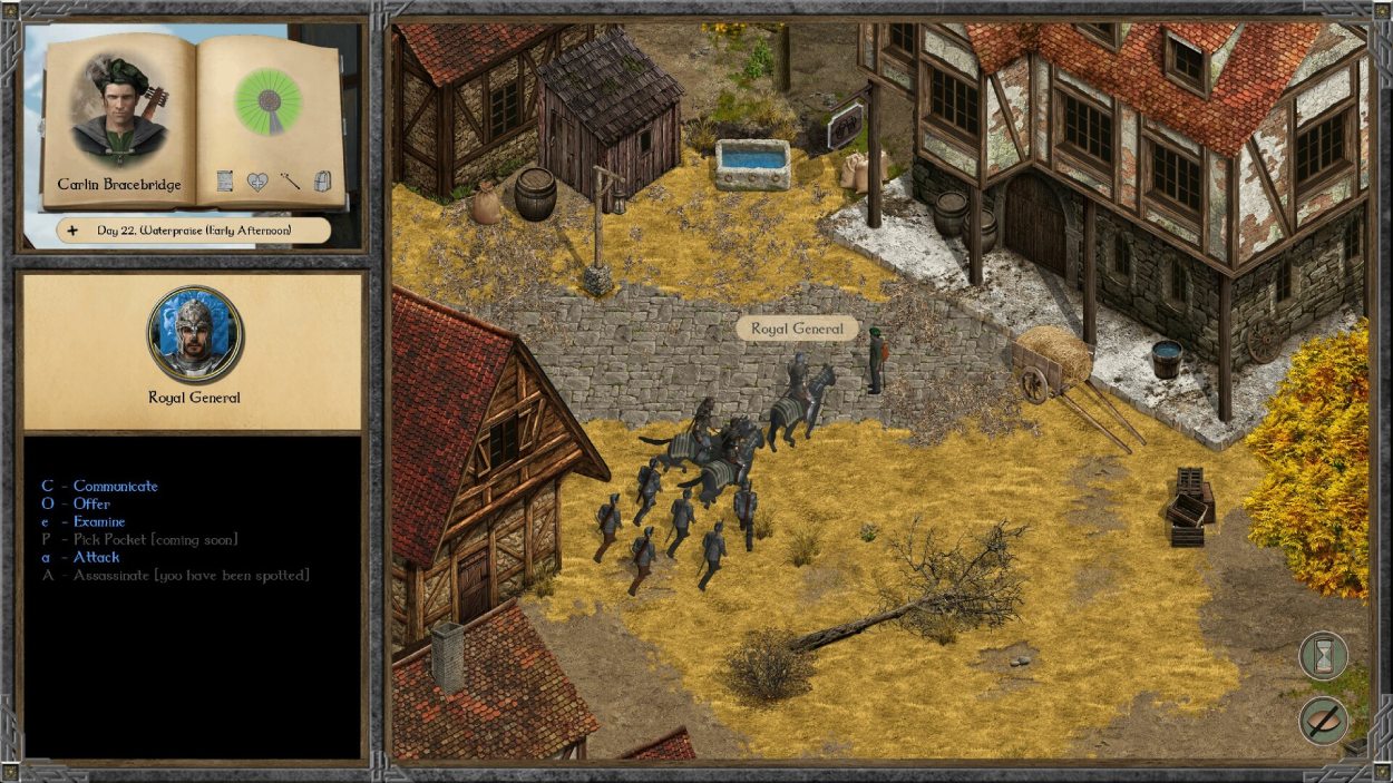 Mehrere bewaffnete Abenteurer ziehen gemeinsam durch eine mittelalterliche Stadt in Knights of Frontier Valley, während links Charakter- und Interaktionsfelder eingeblendet sind.