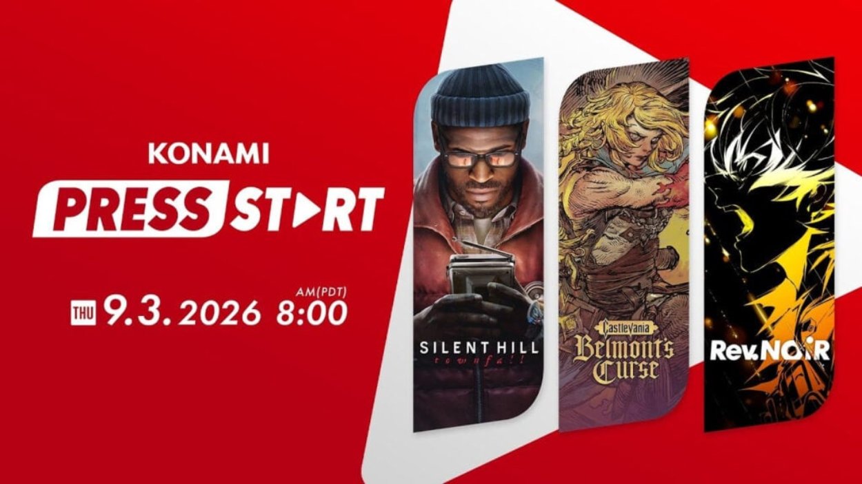 Offizielles Motiv zur Konami Press Start mit rotem Hintergrund und drei Spieleflächen zu Silent Hill: Townfall, Castlevania: Belmont’s Curse und Rev. NOiR sowie dem angekündigten Sendetermin.