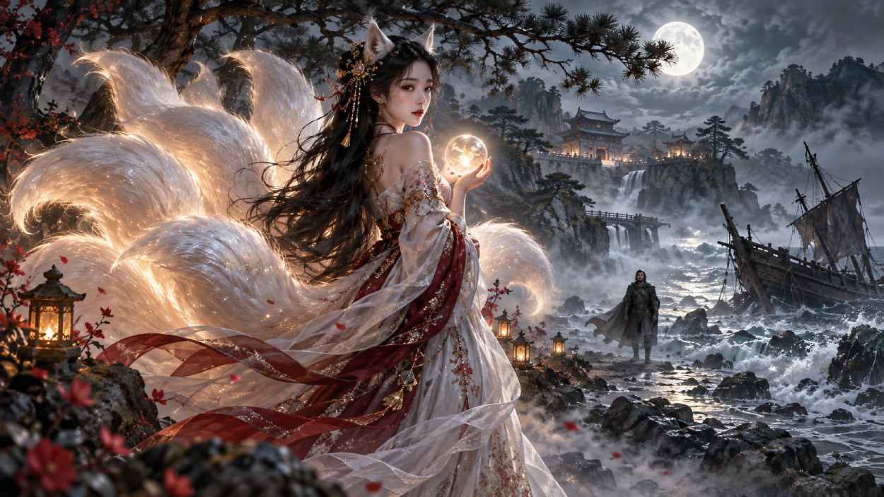 Magisches Kumiho-Motiv mit neunschwänziger Fuchsgeist-Frau an einer nebligen Küste vor koreanisch anmutender Berglandschaft und gestrandetem Schiff bei Mondlicht.