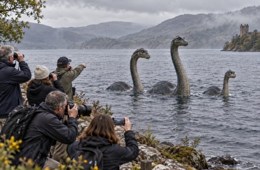 Mehrere Touristen fotografieren am Ufer von Loch Ness in die falsche Richtung, während direkt vor ihnen drei Seeungeheuer aus dem Wasser ragen – zwei große Nessies und ein kleineres Jungtier.