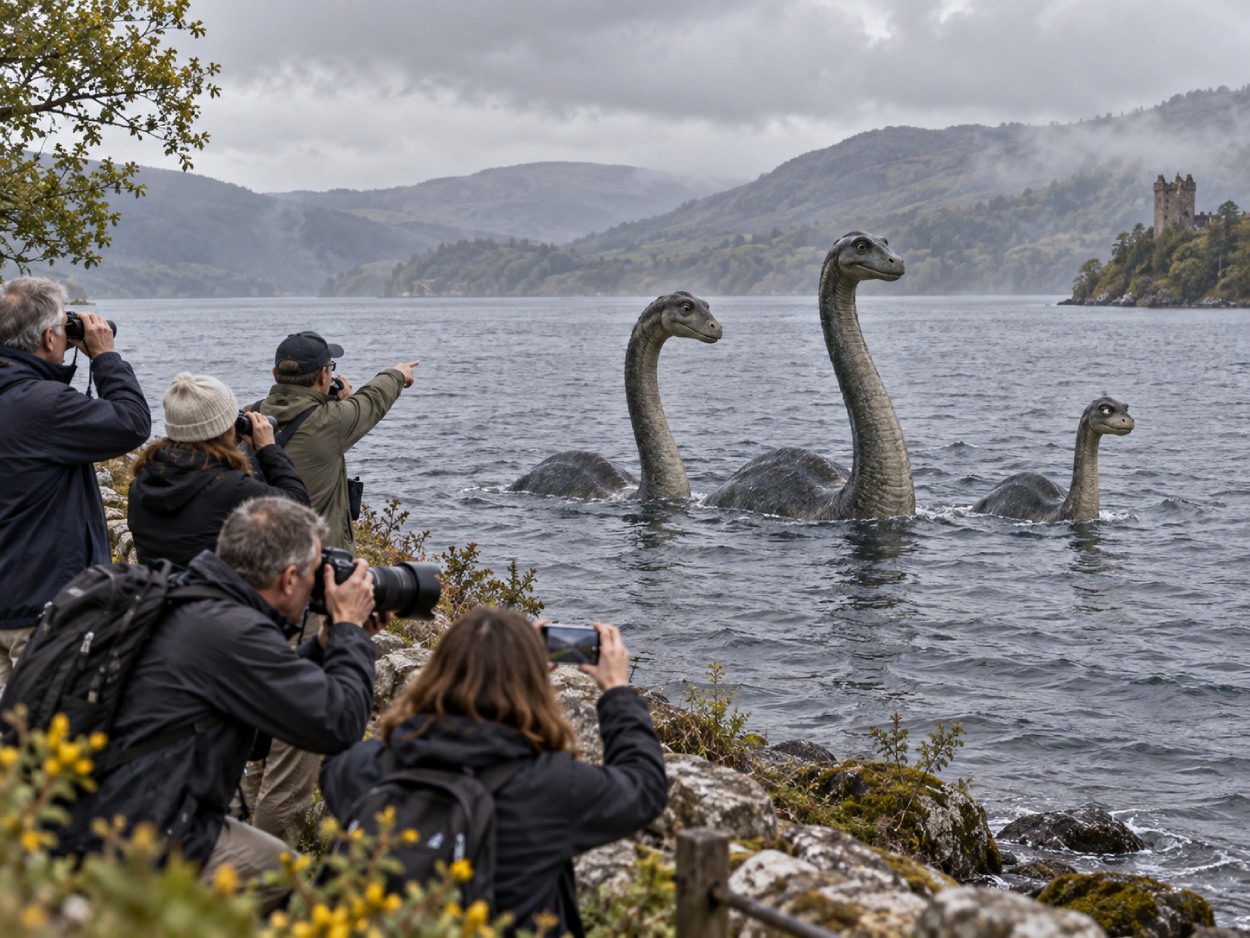 Mehrere Touristen fotografieren am Ufer von Loch Ness in die falsche Richtung, während direkt vor ihnen drei Seeungeheuer aus dem Wasser ragen – zwei große Nessies und ein kleineres Jungtier.
