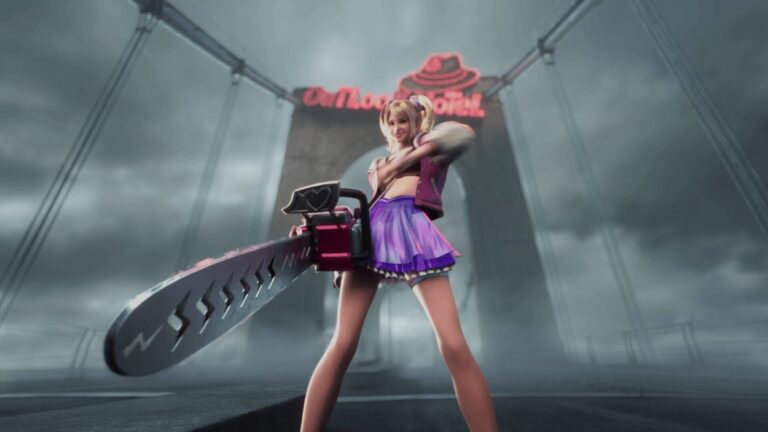 Juliet Starling steht in Lollipop Chainsaw 2: Back2Back mit einer riesigen Kettensäge auf einer düsteren Brücke.