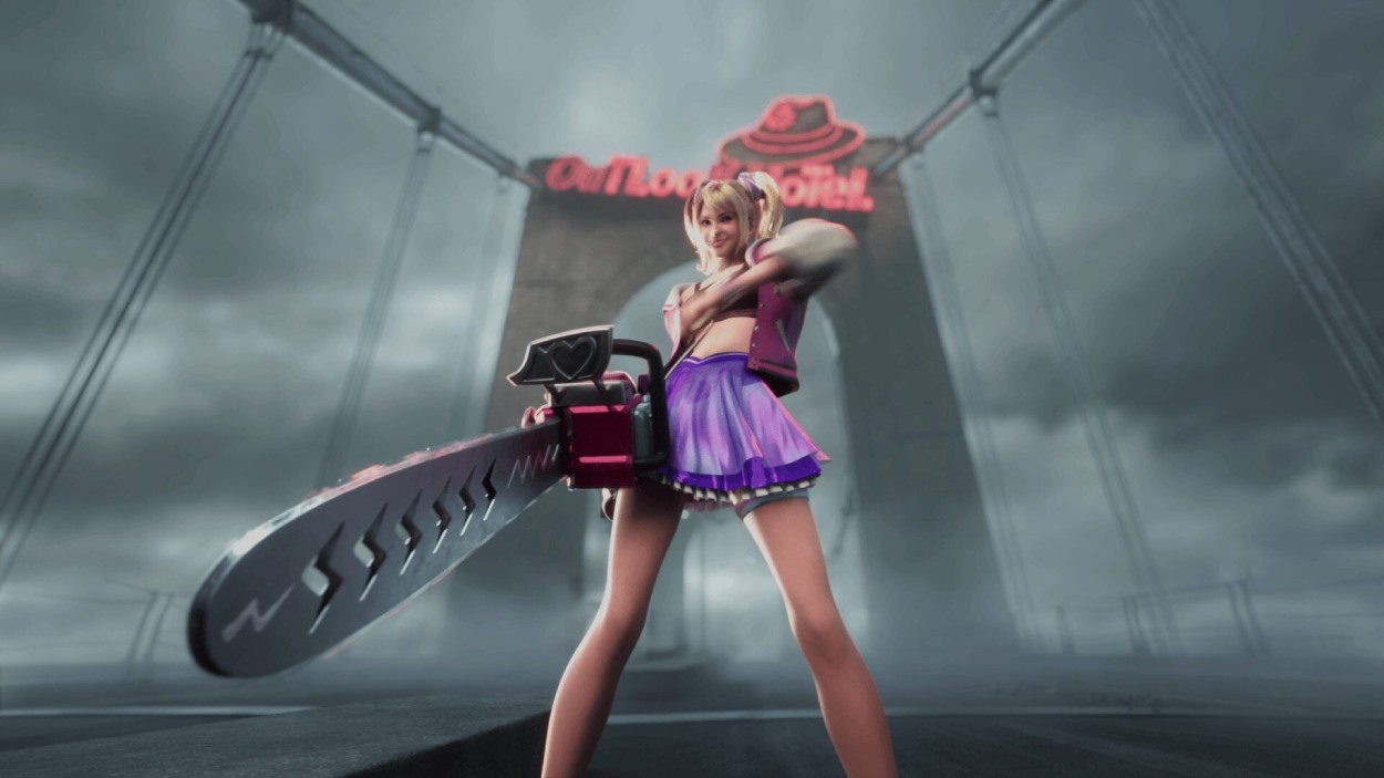 Juliet Starling steht in Lollipop Chainsaw 2: Back2Back mit einer riesigen Kettensäge auf einer düsteren Brücke.