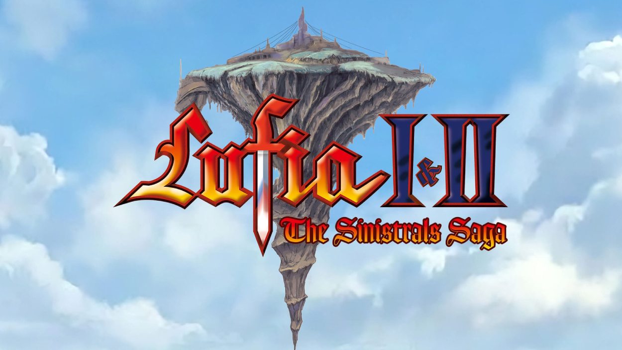 Offizielles Keyart zu Lufia I & II: The Sinistrals Saga mit dem großen Serienlogo vor einer schwebenden Felseninsel in blauem Himmel.