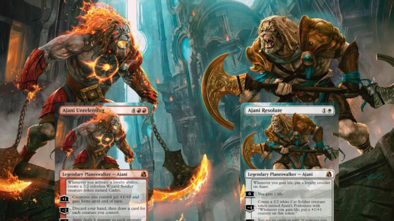 Zwei unterschiedliche Versionen von Ajani aus Magic: The Gathering – Reality Fracture stehen sich vor einer fantastischen Ruinenkulisse gegenüber, darunter die zugehörigen Karten Ajani Unrelenting und Ajani Resolute.