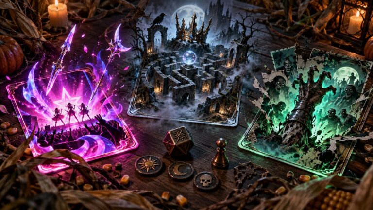 Drei magische Kartenwelten auf einem düsteren Spieltisch zeigen neonfarbene Dämonenjagd, ein verwunschenes Labyrinth und untoten Horror.
