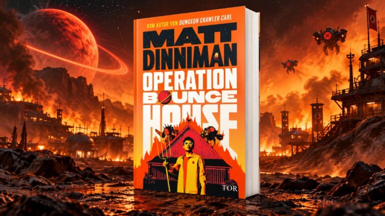 Das Cover von Matt Dinnimans Operation Bounce House steht vor einer brennenden futuristischen Kolonie unter einem orangefarbenen Himmel, während bewaffnete Drohnen über der Landschaft schweben.