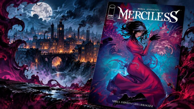 Das Cover von Merciless steht vor einer düsteren viktorianischen Industriestadt bei Vollmond, umgeben von violett-roten übernatürlichen Ranken und Nebel.