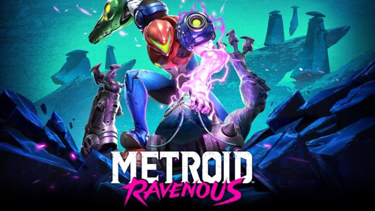 Samus Aran packt in Metroid Ravenous einen Gegner und absorbiert violett leuchtende Energie, während im Hintergrund eine fremdartige außerirdische Landschaft zu sehen ist.
