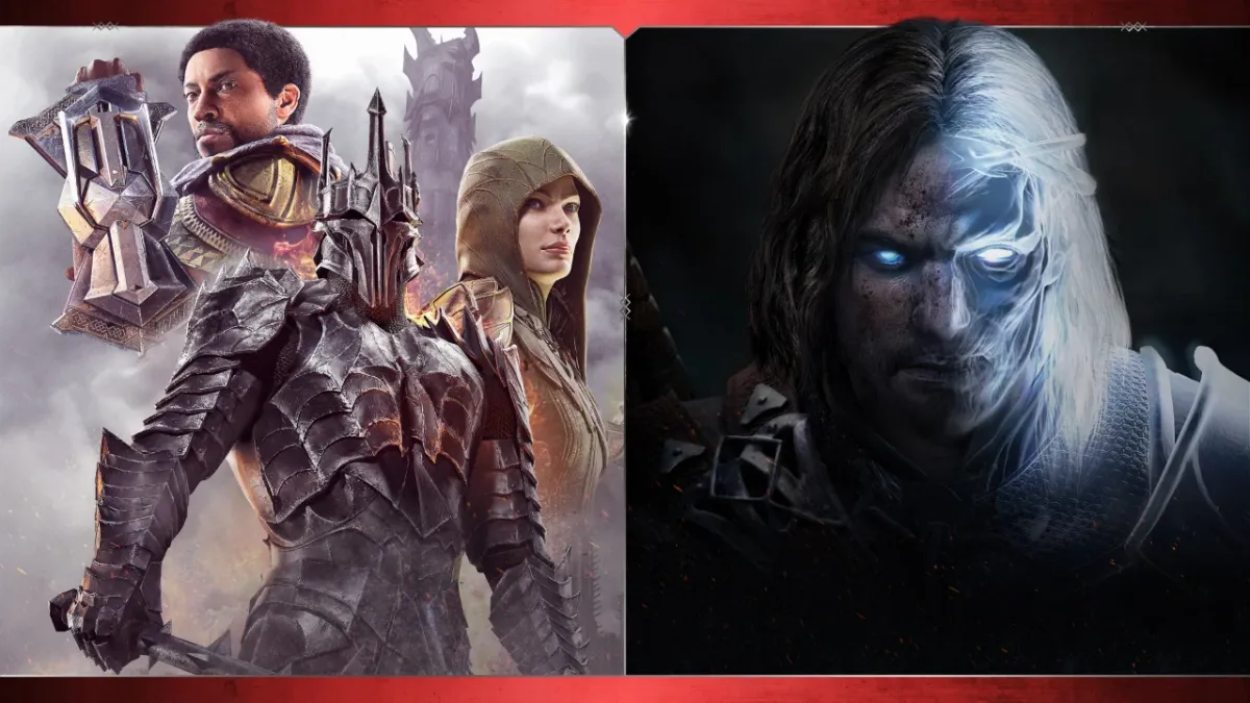 Montage zu Middle-earth: Shadow Bundle mit Figuren aus Shadow of War auf der linken Seite und Talion mit dem geisterhaften Celebrimbor auf der rechten Seite.