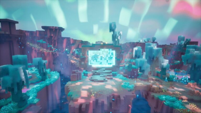 Die neue Minecraft-Dimension The Sift mit türkisfarbener Vegetation, pink-violetten Felslandschaften und einem hell leuchtenden Portal in einer fremdartigen Blockwelt.