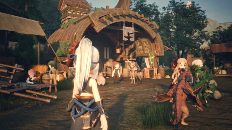 Eine Fantasyfigur steht in Monster Fantasy auf einem Dorfplatz vor einer Schmiede, während mehrere Bewohner und unterschiedlich große Monsterbegleiter durch die Siedlung ziehen.