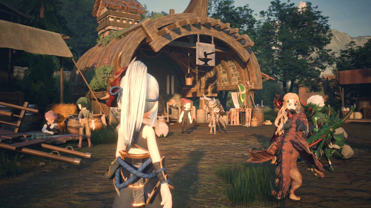Eine Fantasyfigur steht in Monster Fantasy auf einem Dorfplatz vor einer Schmiede, während mehrere Bewohner und unterschiedlich große Monsterbegleiter durch die Siedlung ziehen.
