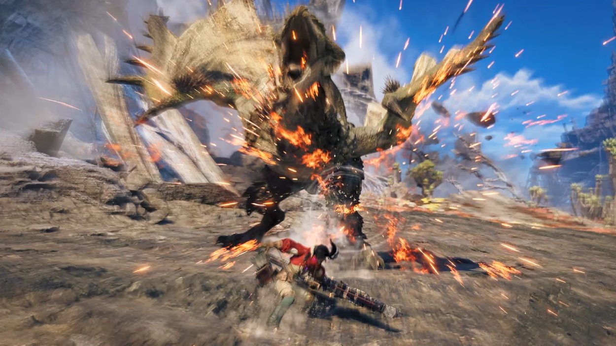 Ein Jäger greift in Monster Hunter Wilds: Ascendance ein großes Monster an, während Funken und feurige Effekte um die Waffe und den Körper der Kreatur aufleuchten.