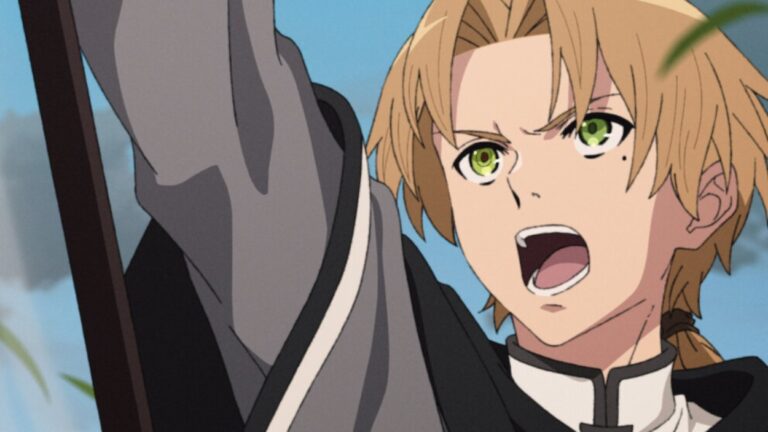 Rudeus aus Mushoku Tensei: Jobless Reincarnation ruft mit erhobenem Arm nach vorn, während im Hintergrund blauer Himmel zu sehen ist.