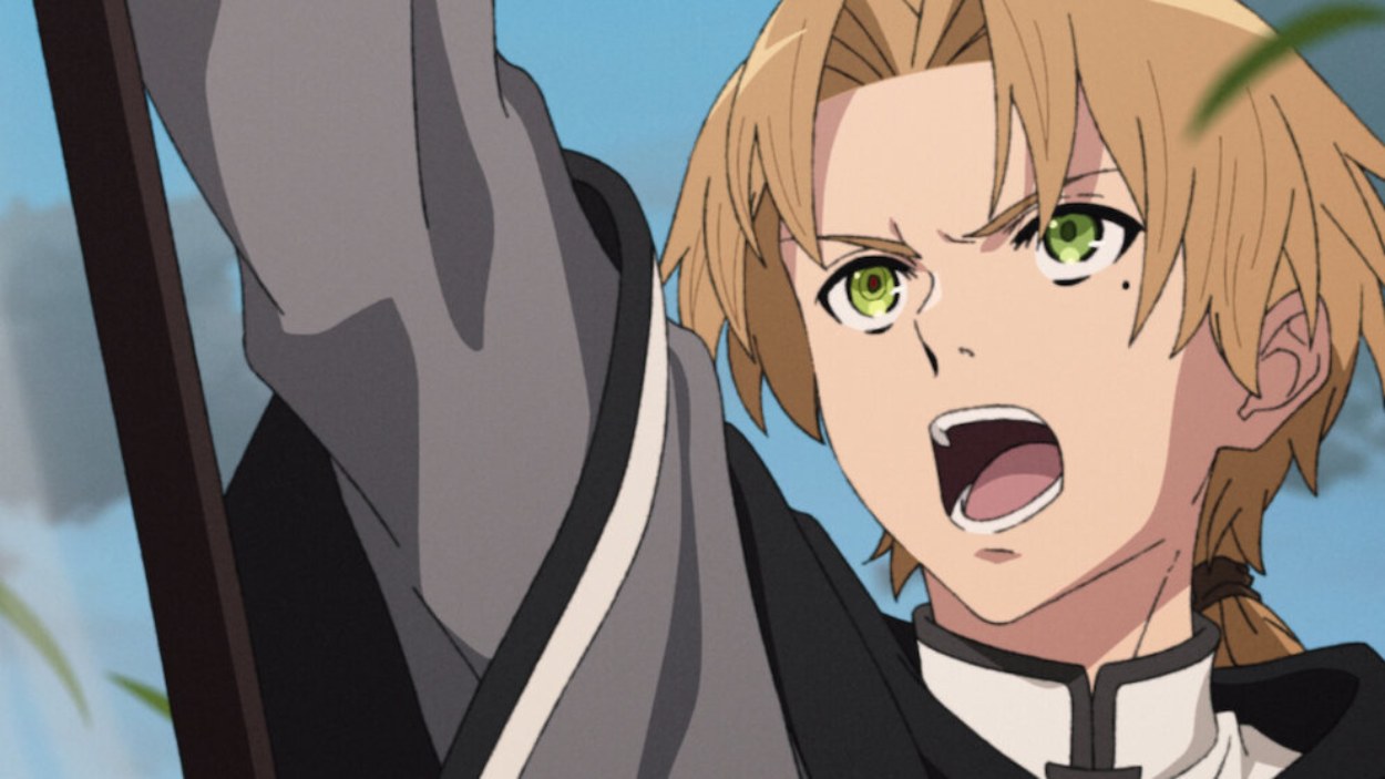 Rudeus aus Mushoku Tensei: Jobless Reincarnation ruft mit erhobenem Arm nach vorn, während im Hintergrund blauer Himmel zu sehen ist.