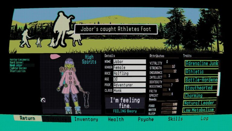 Charakterübersicht aus My Friend, Dysentery: Die Halbling-Abenteurerin Jabor hat sich Fußpilz eingefangen; daneben zeigt das Retro-Interface Werte, Bedürfnisse und Eigenschaften der Figur.