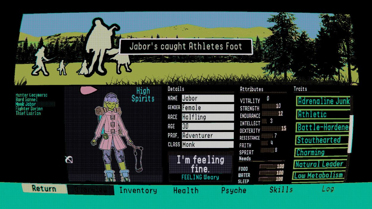 Charakterübersicht aus My Friend, Dysentery: Die Halbling-Abenteurerin Jabor hat sich Fußpilz eingefangen; daneben zeigt das Retro-Interface Werte, Bedürfnisse und Eigenschaften der Figur.