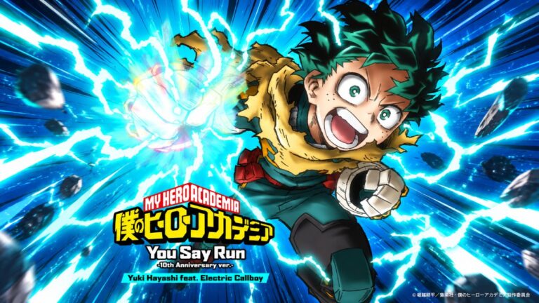 Izuku Midoriya alias Deku stürzt in dynamischer Actionpose durch ein blaues Gewitter aus Energieblitzen. Das Motiv greift den Jubiläumsrelease von „You Say Run“ mit Electric Callboy auf.