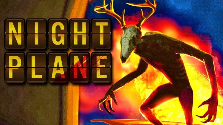 Der Schriftzug „Night Plane“ erscheint auf einer Flughafen-Anzeigetafel, daneben steht eine unheimliche humanoide Kreatur mit Geweih vor grell orangefarbenem Licht.