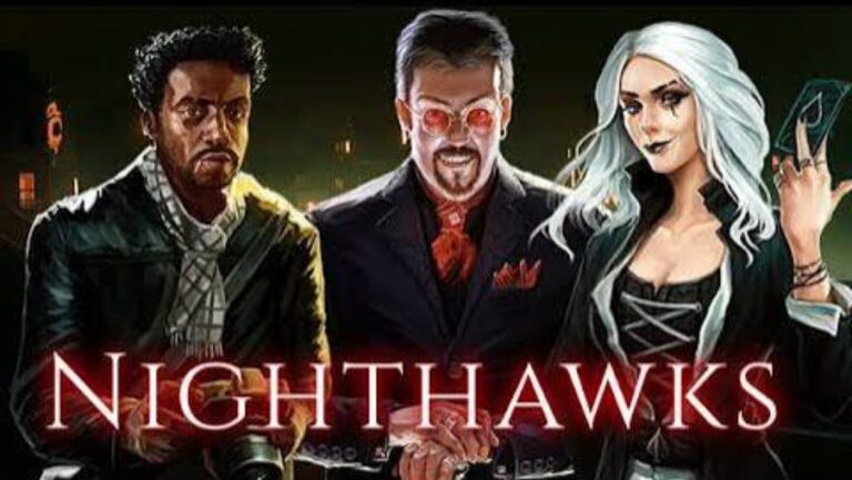 Drei stilisierte Figuren aus dem Vampir-RPG Nighthawks stehen vor dunklem urbanem Hintergrund, darunter eine blasse Vampirfigur mit weißem Haar.
