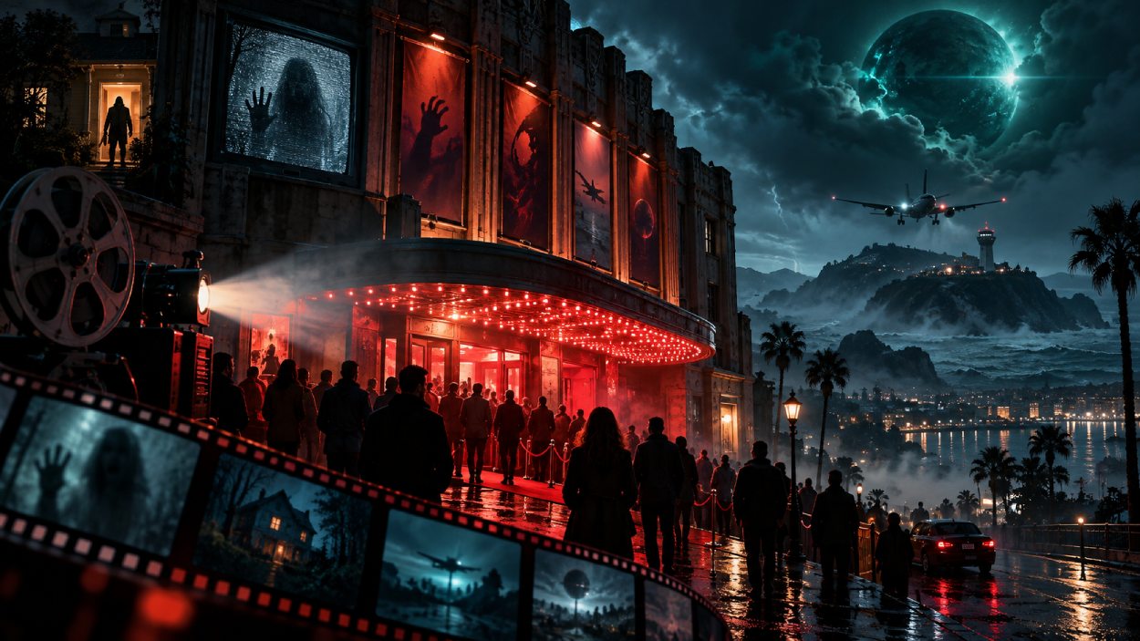 Düstere Filmfestival-Szene vor einem Kino mit wartendem Publikum, Filmstreifen sowie Horror- und Science-Fiction-Motiven am nächtlichen Himmel.