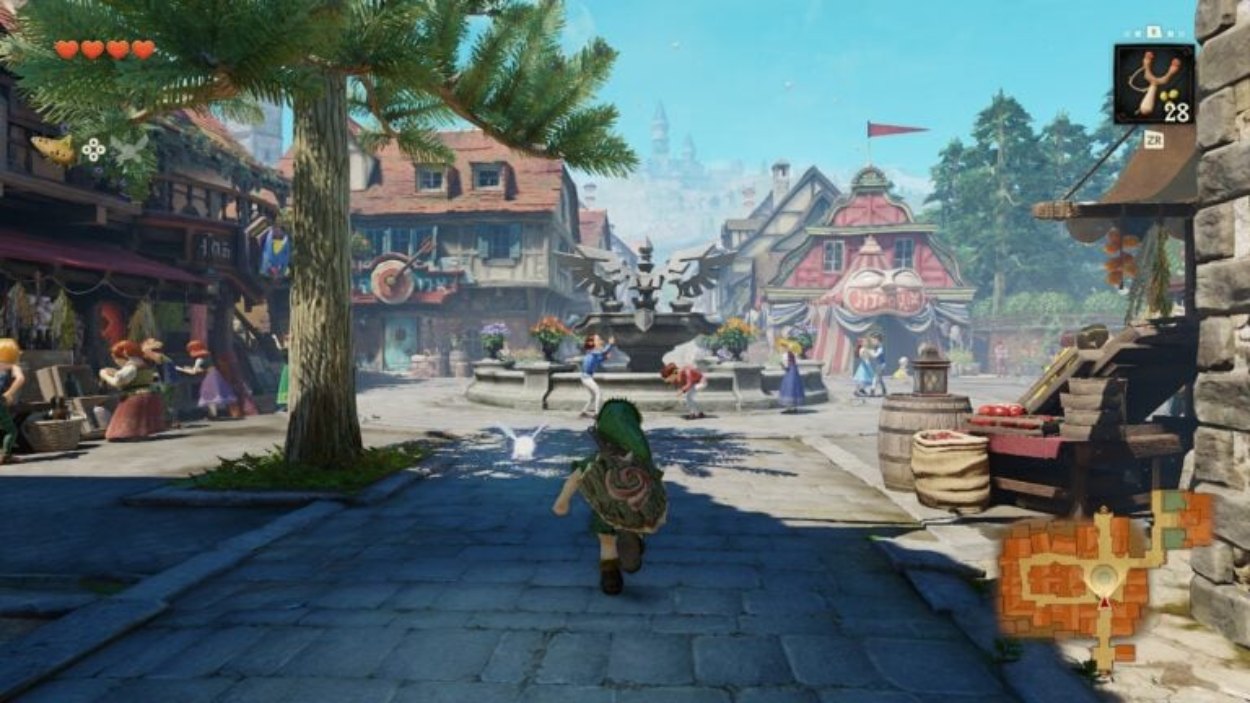 Link läuft durch eine sonnige Stadt in Hyrule; im Hintergrund sind Marktstände, Häuser, NPCs und ein Brunnen zu sehen.