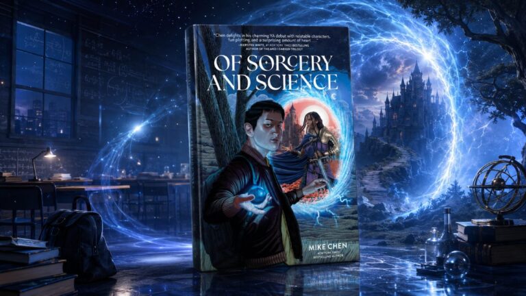 Das Buch Of Sorcery and Science von Mike Chen steht vor einer geteilten Szenerie aus nächtlichem Klassenzimmer und leuchtender Fantasywelt mit magischem Portal und Schloss.