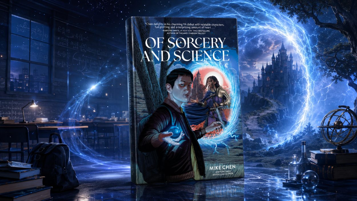 Das Buch Of Sorcery and Science von Mike Chen steht vor einer geteilten Szenerie aus nächtlichem Klassenzimmer und leuchtender Fantasywelt mit magischem Portal und Schloss.
