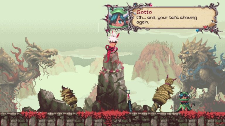 Okko steht in einer handgezeichneten Fantasylandschaft zwischen Felsen und riesigen Kreaturen, während rechts Gotto zu sehen ist und oben eine Dialogbox eingeblendet wird.