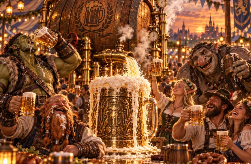 Auf einem fantastischen Oktoberfest feiern Menschen, Zwerge, Orks, Trolle und Elfen um eine riesige dampfbetriebene Bierfass-Anlage aus Holz und Messing. Bier schäumt aus Rohren und einem großen Krug, während die Besucher mit Maßkrügen anstoßen.