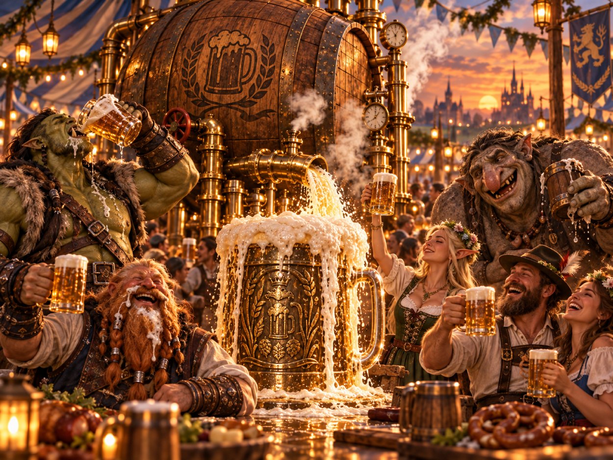 Auf einem fantastischen Oktoberfest feiern Menschen, Zwerge, Orks, Trolle und Elfen um eine riesige dampfbetriebene Bierfass-Anlage aus Holz und Messing. Bier schäumt aus Rohren und einem großen Krug, während die Besucher mit Maßkrügen anstoßen.