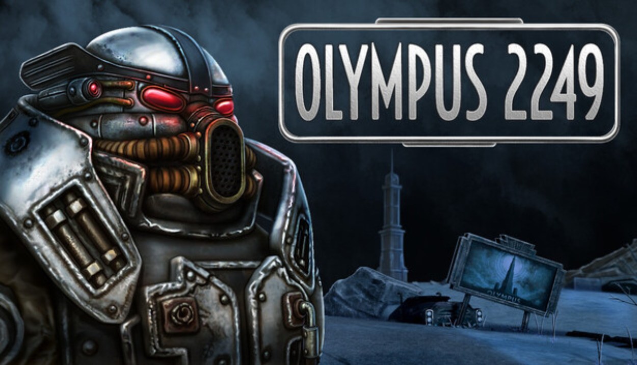 Schwer gepanzerte Dieselpunk-Figur mit rot leuchtender Optik vor einer postnuklearen Landschaft; darüber steht der Schriftzug „Olympus 2249“.