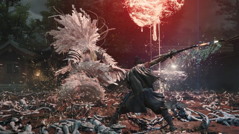 Miyamoto Musashi kämpft in einem historischen japanischen Hof gegen einen gewaltigen dämonischen Genma, während über der Szene ein glutroter Mond leuchtet.