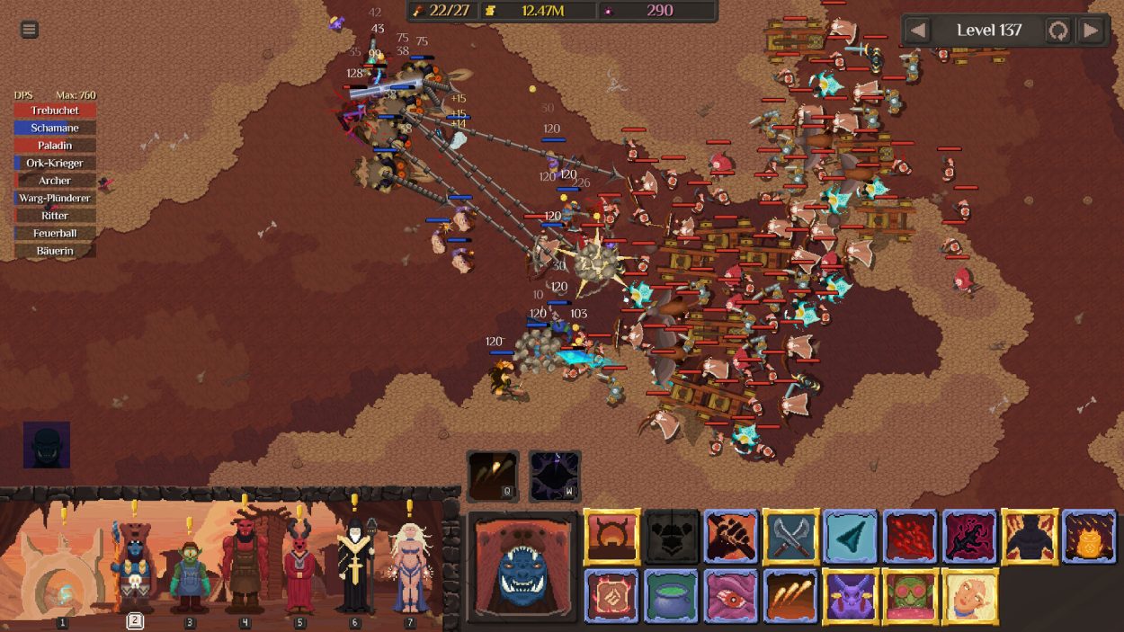 Eine große Ork-Horde kämpft in Orc Incremental gegen zahlreiche Gegner; am Bildschirmrand sind Einheitenkarten, Fähigkeiten und Werte eingeblendet.