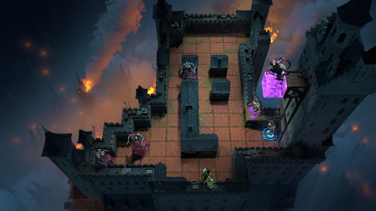 Eine isometrische Fantasy-Burg aus Order of the Sinking Star mit mehreren Figuren, farbigen magischen Blöcken und brennenden Türmen über einer dunklen Landschaft.
