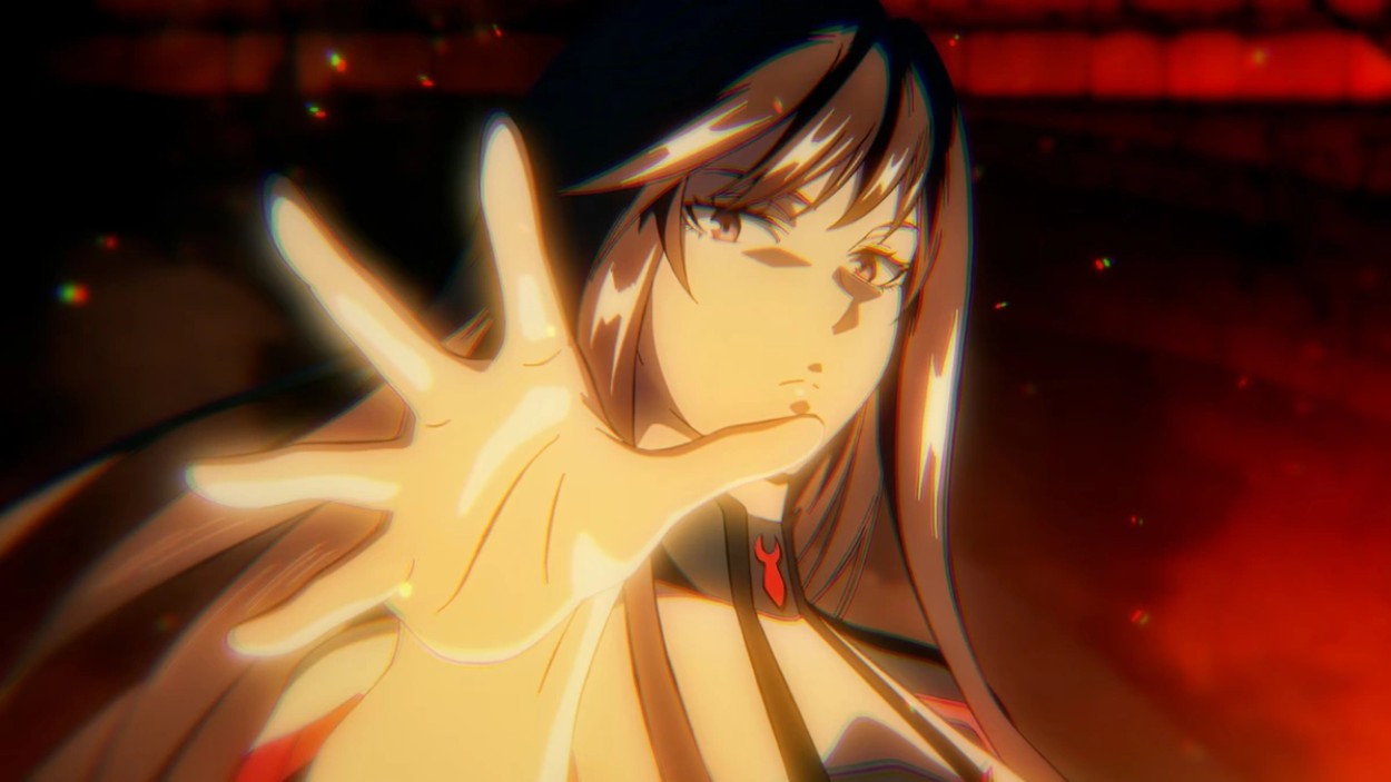 Eine Anime-Figur aus Overgeared streckt in einer rot beleuchteten Kampfszene die Hand nach vorn.