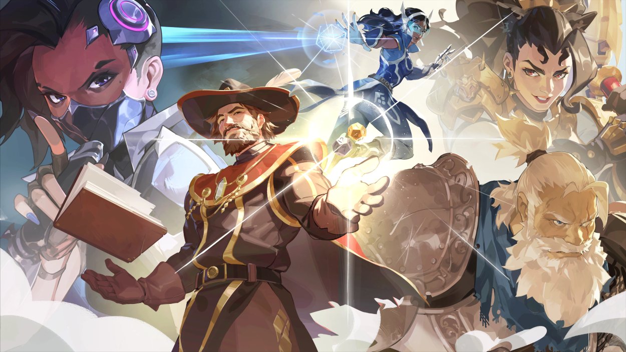 Mehrere Overwatch-Figuren erscheinen in einer Fantasy-Rollenspielinszenierung mit Buch, Magie und mittelalterlich anmutender Ausrüstung.