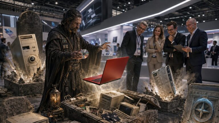 Auf einer modernen Technikmesse steigt ein rotes Notebook aus einem geöffneten steinernen Grab, während ein düsterer Magier und Messebesucher zwischen alten Computern und weiteren geöffneten Gräbern stehen.